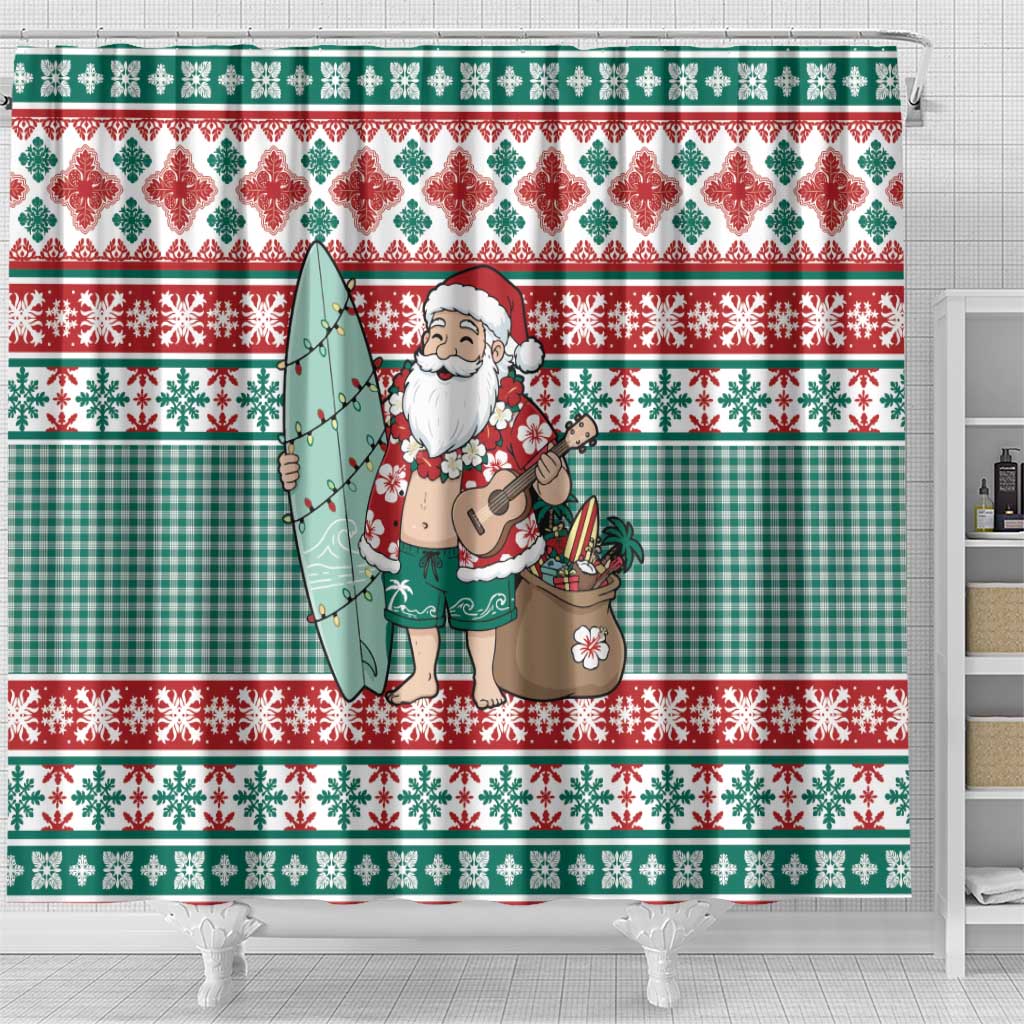 Hawaiian Funny Santa Surf Shower Curtain Mele Kalikimaka Palaka Quilt Pattern - Polynesian Pride