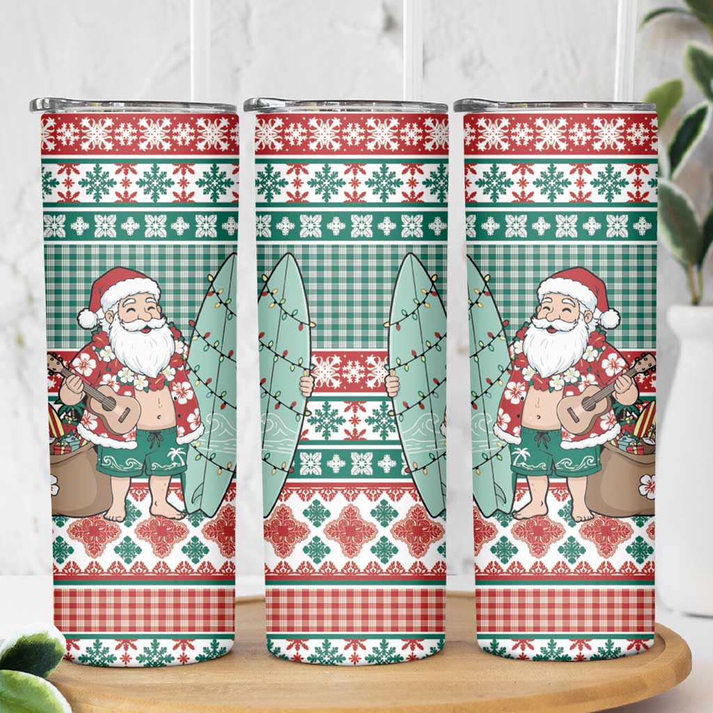 Hawaiian Funny Santa Surf Skinny Tumbler Mele Kalikimaka Palaka Quilt Pattern - Polynesian Pride