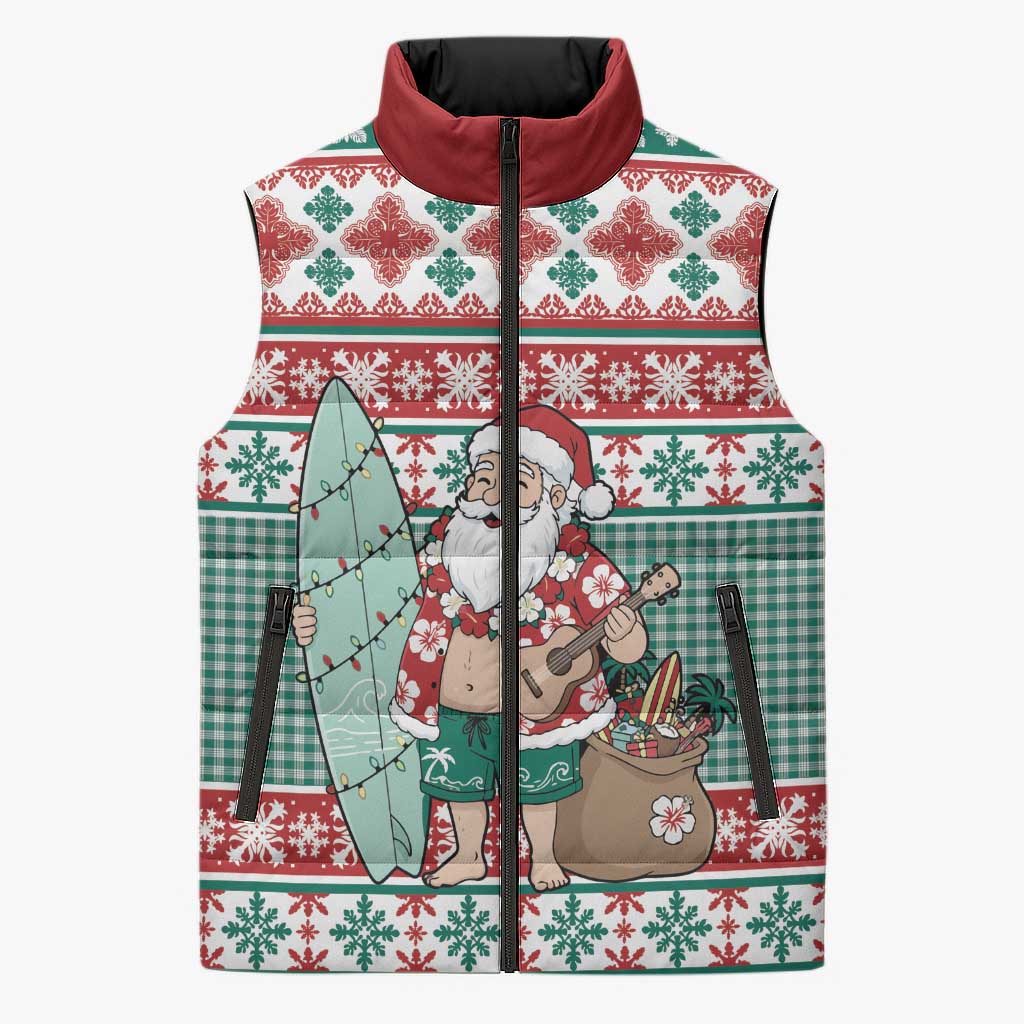 Hawaiian Funny Santa Surf Sleeveless Puffer Jacket Mele Kalikimaka Palaka Quilt Pattern - Polynesian Pride