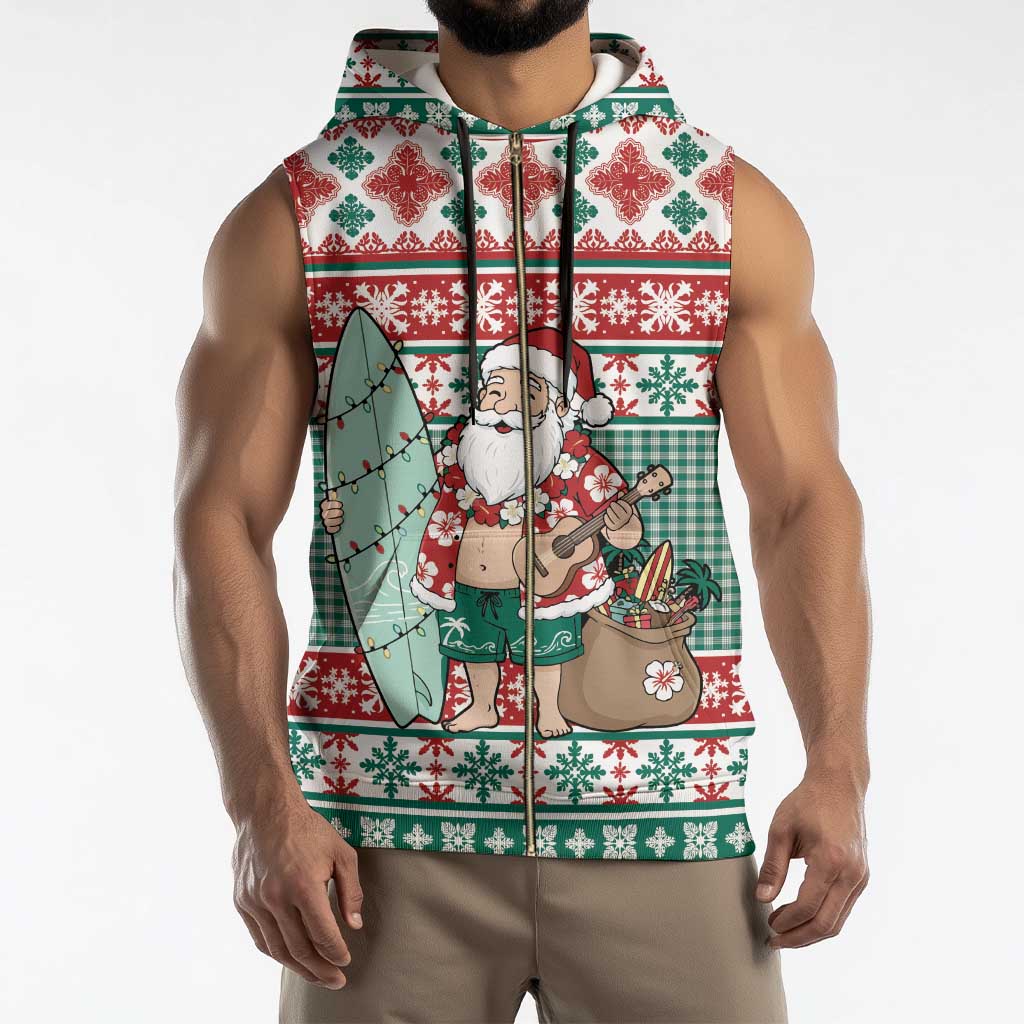 Hawaiian Funny Santa Surf Sleeveless Zip Hoodie Mele Kalikimaka Palaka Quilt Pattern - Polynesian Pride