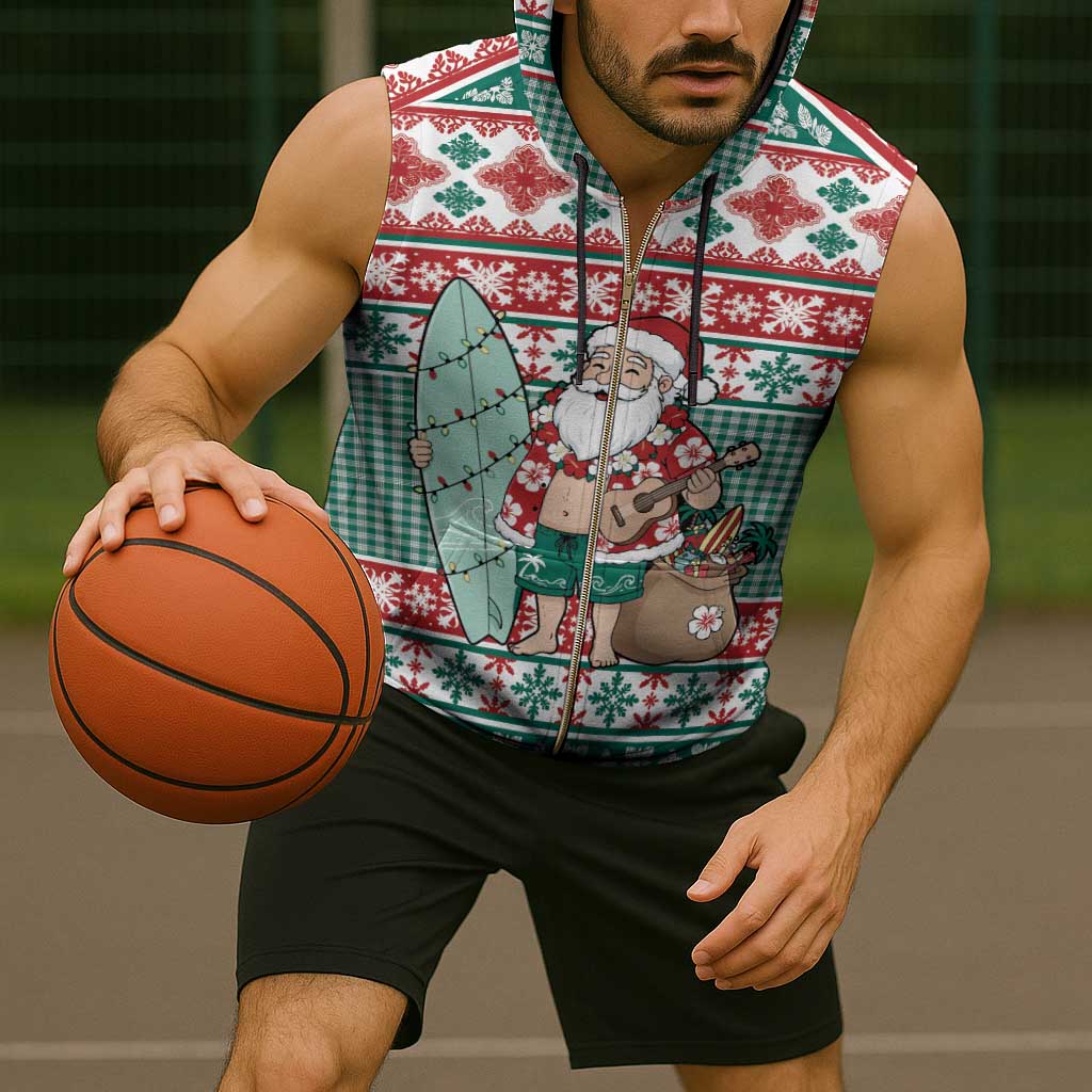 Hawaiian Funny Santa Surf Sleeveless Zip Hoodie Mele Kalikimaka Palaka Quilt Pattern - Polynesian Pride