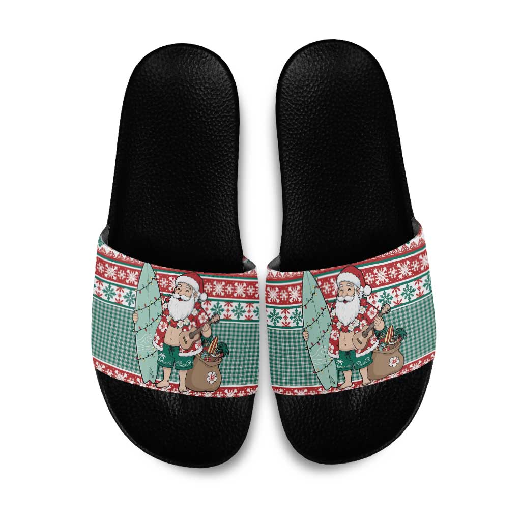 Hawaiian Funny Santa Surf Slide Sandals Mele Kalikimaka Palaka Quilt Pattern LT9 Green - Polynesian Pride