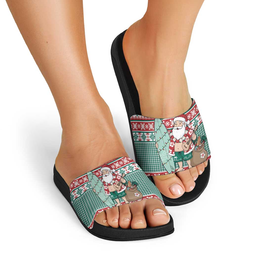 Hawaiian Funny Santa Surf Slide Sandals Mele Kalikimaka Palaka Quilt Pattern - Polynesian Pride