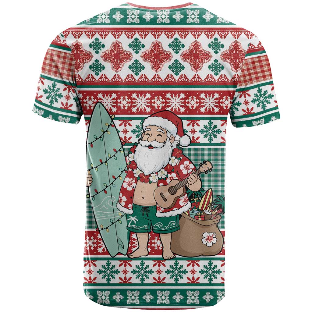 Hawaiian Funny Santa Surf T Shirt Mele Kalikimaka Palaka Quilt Pattern - Polynesian Pride