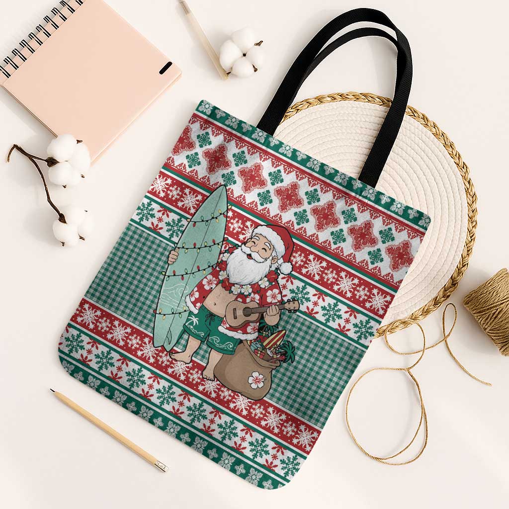 Hawaiian Funny Santa Surf Tote Bag Mele Kalikimaka Palaka Quilt Pattern - Polynesian Pride
