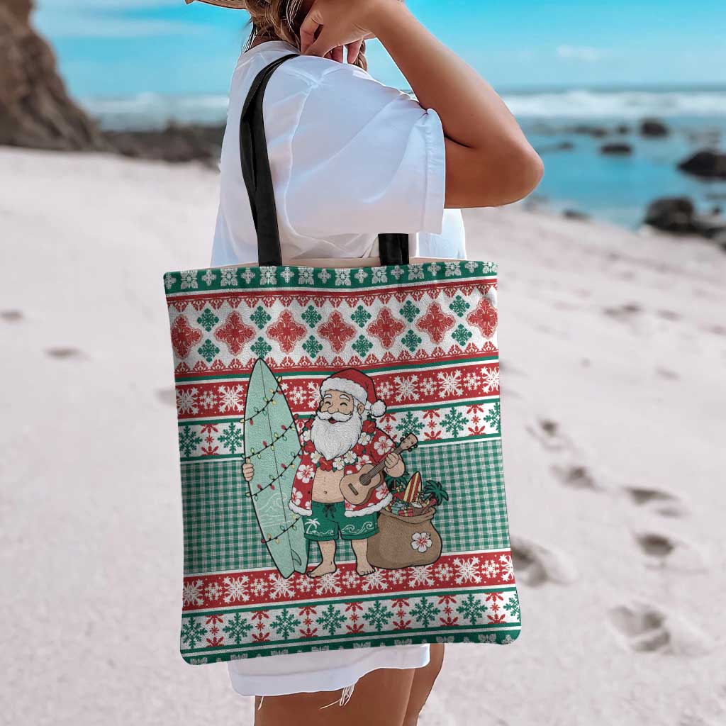 Hawaiian Funny Santa Surf Tote Bag Mele Kalikimaka Palaka Quilt Pattern - Polynesian Pride