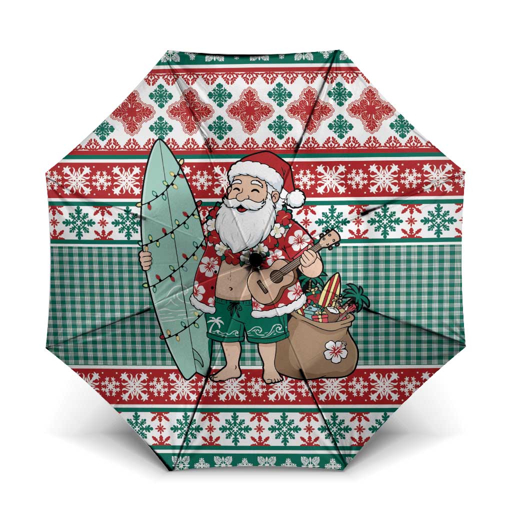 Hawaiian Funny Santa Surf Umbrella Mele Kalikimaka Palaka Quilt Pattern LT9 One Size Folded 11.42 inch Opened Diameter 37.4 inch Green - Polynesian Pride
