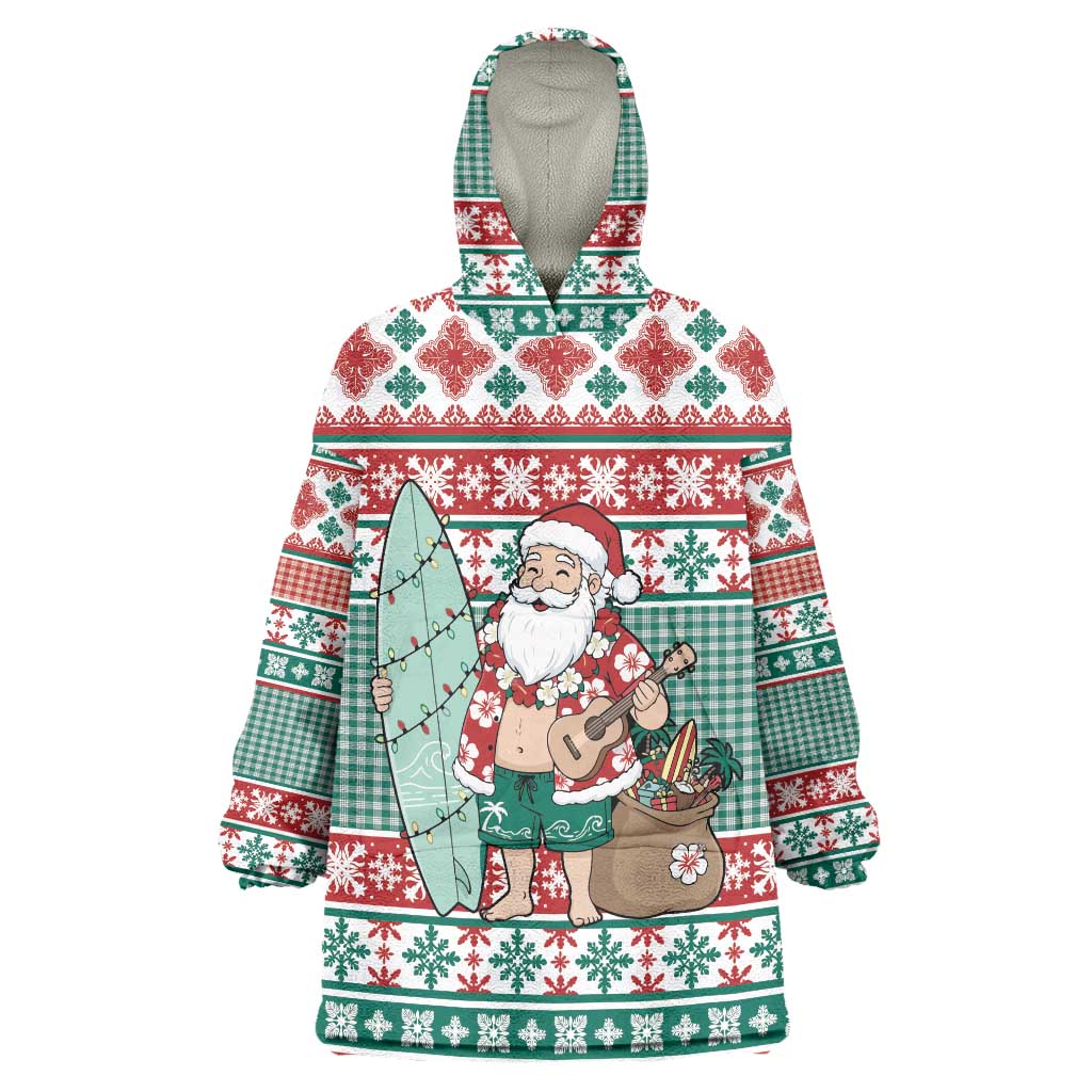 Hawaiian Funny Santa Surf Wearable Blanket Hoodie Mele Kalikimaka Palaka Quilt Pattern LT9 One Size Green - Polynesian Pride