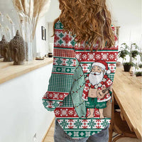 Hawaiian Funny Santa Surf Women Casual Shirt Mele Kalikimaka Palaka Quilt Pattern - Polynesian Pride