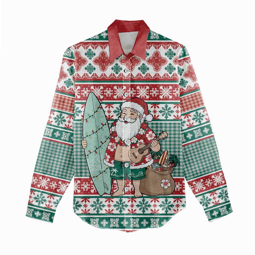 Hawaiian Funny Santa Surf Women Casual Shirt Mele Kalikimaka Palaka Quilt Pattern - Polynesian Pride