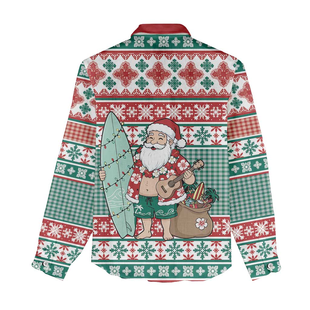 Hawaiian Funny Santa Surf Women Casual Shirt Mele Kalikimaka Palaka Quilt Pattern - Polynesian Pride