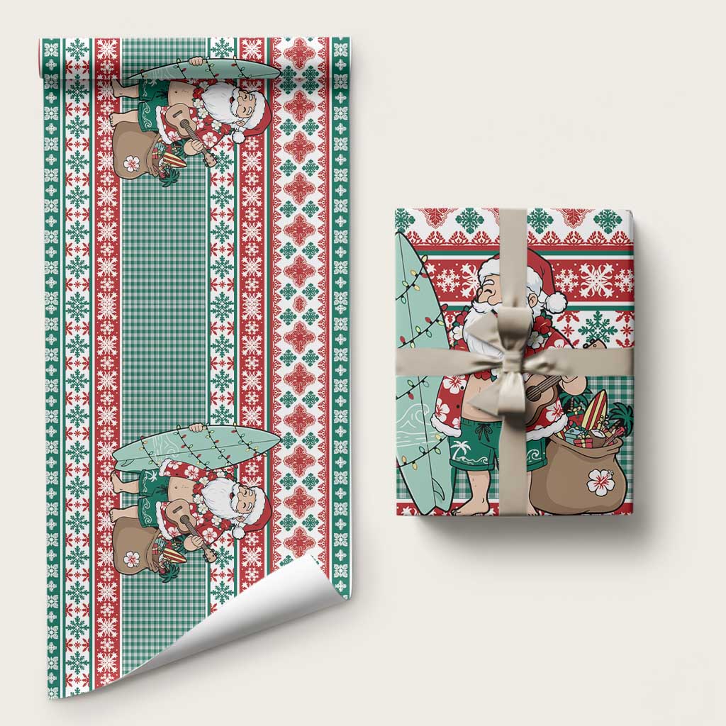 Hawaiian Funny Santa Surf Wrapping Paper Mele Kalikimaka Palaka Quilt Pattern LT9 58" × 23" Green - Polynesian Pride