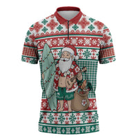 Hawaiian Funny Santa Surf Zipper Polo Shirt Mele Kalikimaka Palaka Quilt Pattern - Polynesian Pride