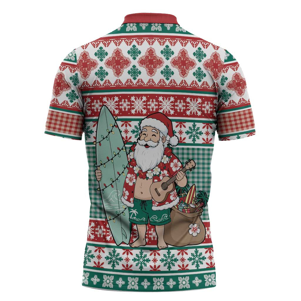 Hawaiian Funny Santa Surf Zipper Polo Shirt Mele Kalikimaka Palaka Quilt Pattern - Polynesian Pride