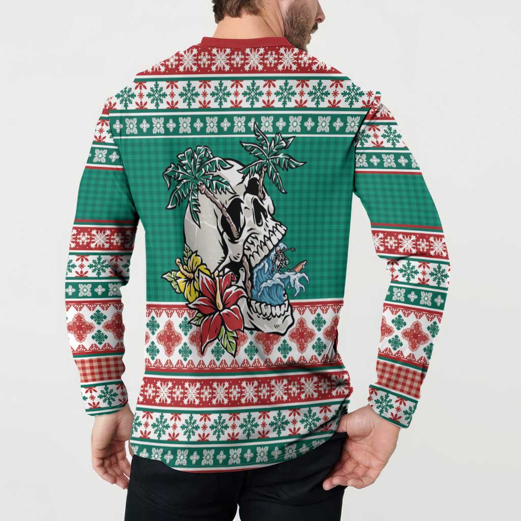 Hawaiian Skull Surfs Button Sweatshirt Mele Kalikimaka Palaka Quilt Pattern - Polynesian Pride