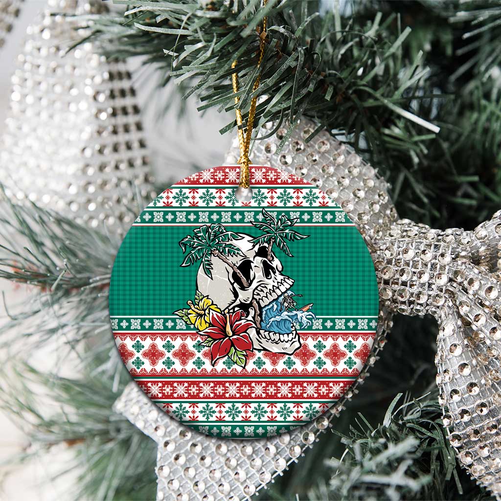 Hawaiian Skull Surfs Ceramic Ornament Mele Kalikimaka Palaka Quilt Pattern - Polynesian Pride