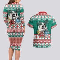 Hawaiian Skull Surfs Couples Matching Long Sleeve Bodycon Dress and Hawaiian Shirt Mele Kalikimaka Palaka Quilt Pattern - Polynesian Pride