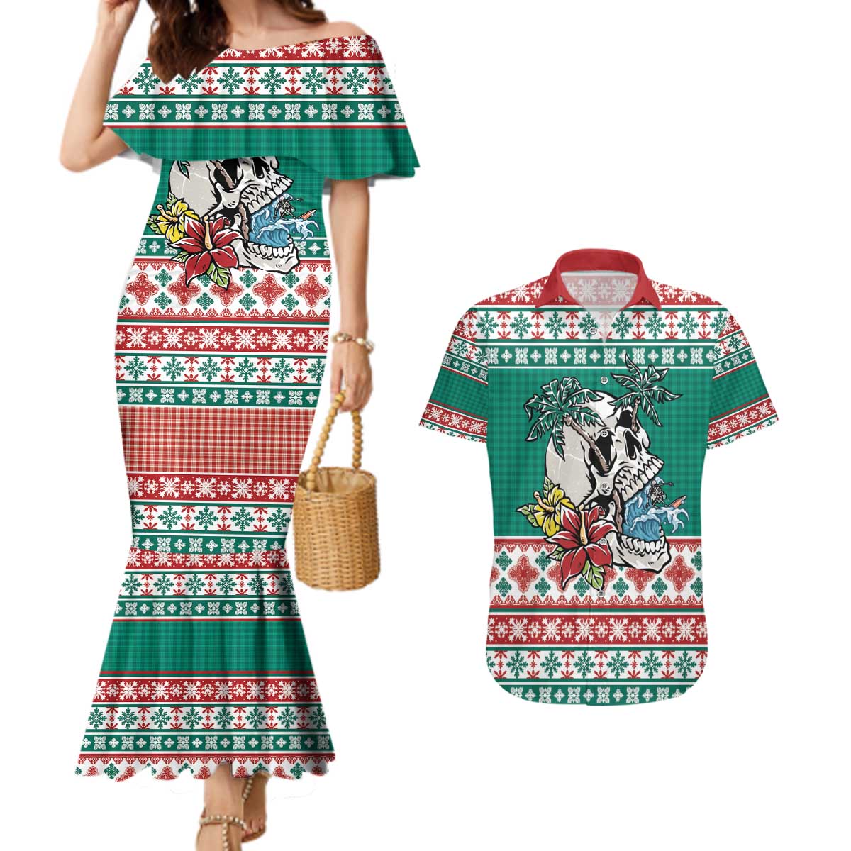 Hawaiian Skull Surfs Couples Matching Mermaid Dress and Hawaiian Shirt Mele Kalikimaka Palaka Quilt Pattern - Polynesian Pride