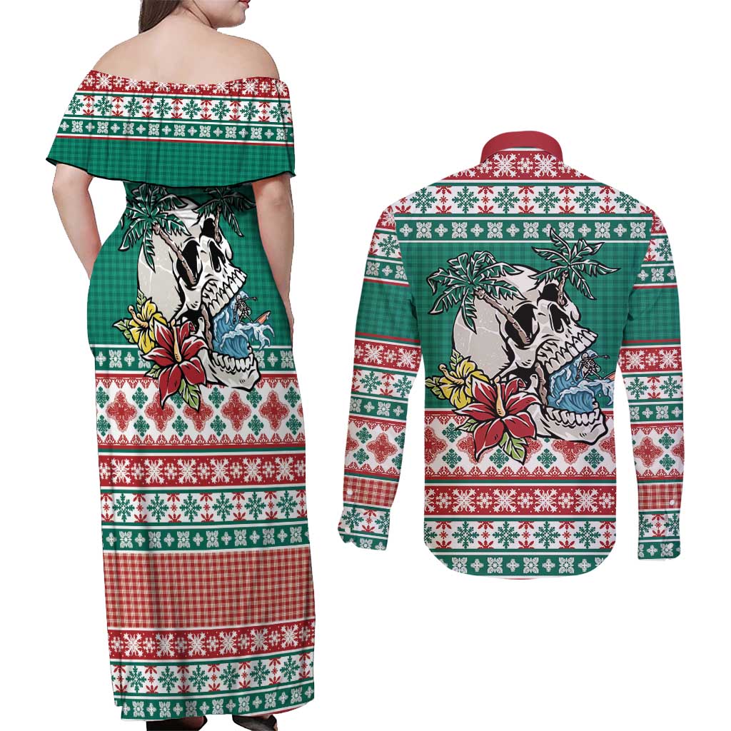 Hawaiian Skull Surfs Couples Matching Off Shoulder Maxi Dress and Long Sleeve Button Shirt Mele Kalikimaka Palaka Quilt Pattern - Polynesian Pride