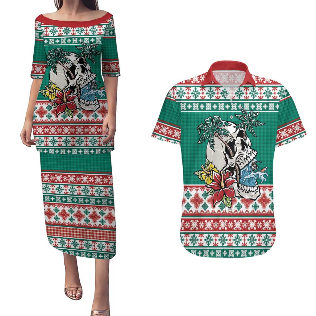 Hawaiian Skull Surfs Couples Matching Puletasi and Hawaiian Shirt Mele Kalikimaka Palaka Quilt Pattern LT9 Green - Polynesian Pride