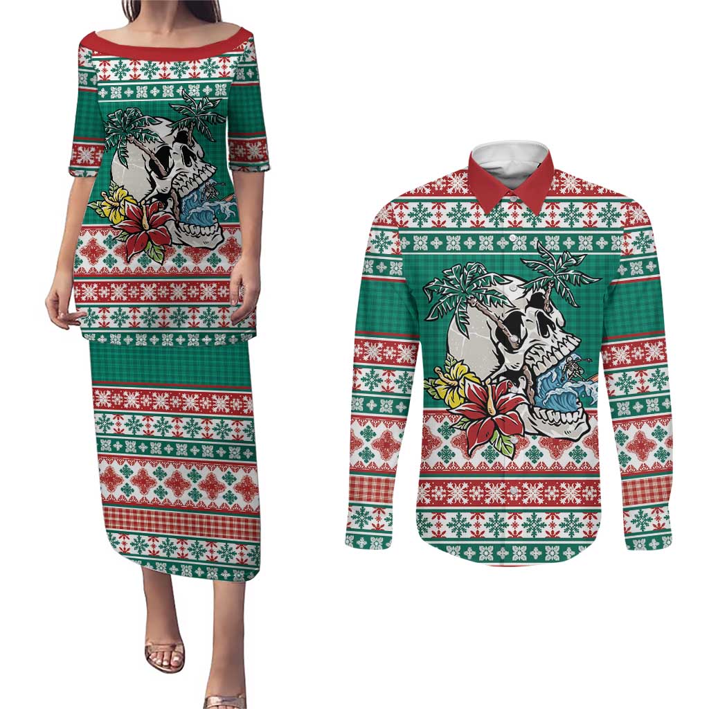 Hawaiian Skull Surfs Couples Matching Puletasi and Long Sleeve Button Shirt Mele Kalikimaka Palaka Quilt Pattern LT9 Green - Polynesian Pride