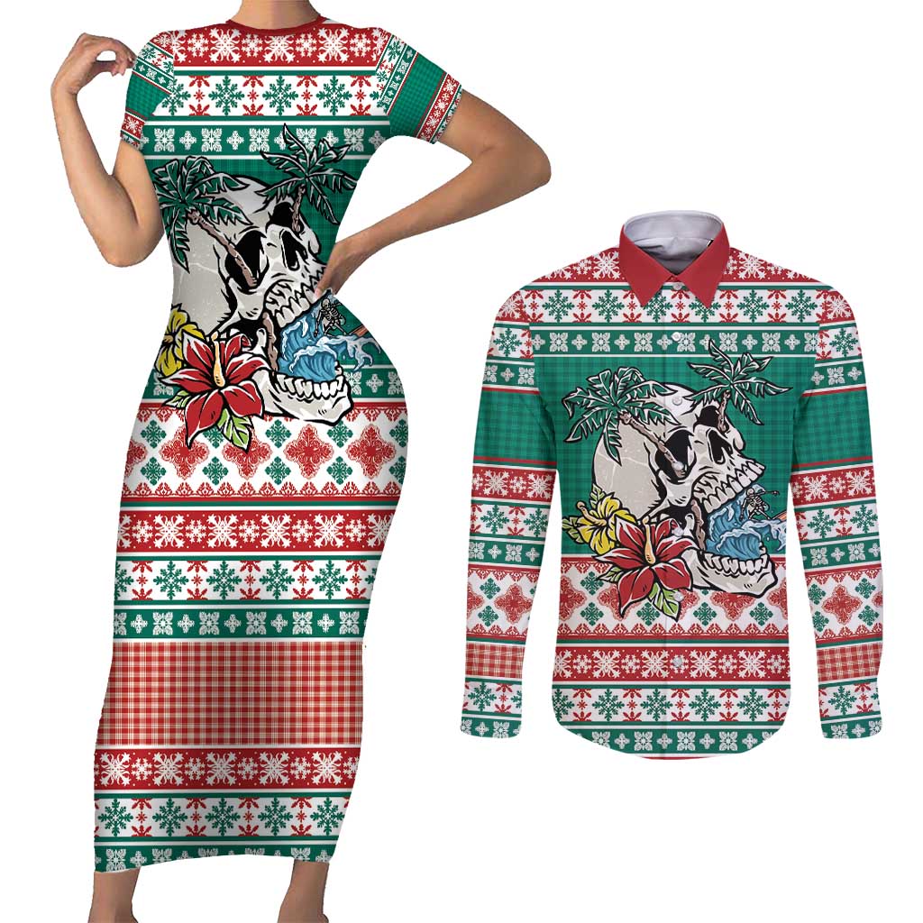 Hawaiian Skull Surfs Couples Matching Short Sleeve Bodycon Dress and Long Sleeve Button Shirt Mele Kalikimaka Palaka Quilt Pattern - Polynesian Pride