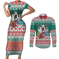 Hawaiian Skull Surfs Couples Matching Short Sleeve Bodycon Dress and Long Sleeve Button Shirt Mele Kalikimaka Palaka Quilt Pattern - Polynesian Pride