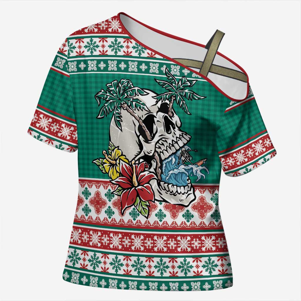 Hawaiian Skull Surfs Cross Shoulder Shirt Mele Kalikimaka Palaka Quilt Pattern LT9 Female Green - Polynesian Pride