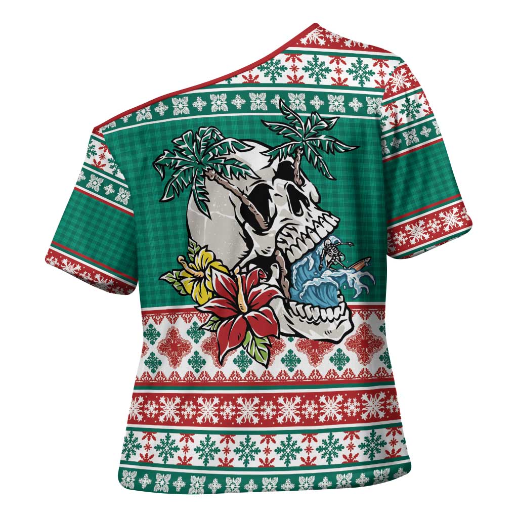 Hawaiian Skull Surfs Cross Shoulder Shirt Mele Kalikimaka Palaka Quilt Pattern - Polynesian Pride