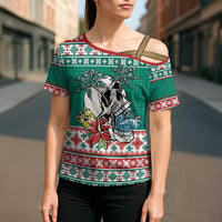 Hawaiian Skull Surfs Cross Shoulder Shirt Mele Kalikimaka Palaka Quilt Pattern - Polynesian Pride