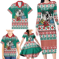 Hawaiian Skull Surfs Family Matching Long Sleeve Bodycon Dress and Hawaiian Shirt Mele Kalikimaka Palaka Quilt Pattern - Polynesian Pride