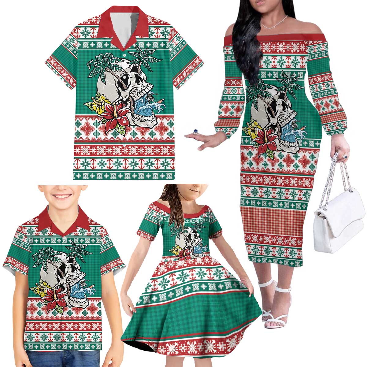Hawaiian Skull Surfs Family Matching Off The Shoulder Long Sleeve Dress and Hawaiian Shirt Mele Kalikimaka Palaka Quilt Pattern - Polynesian Pride