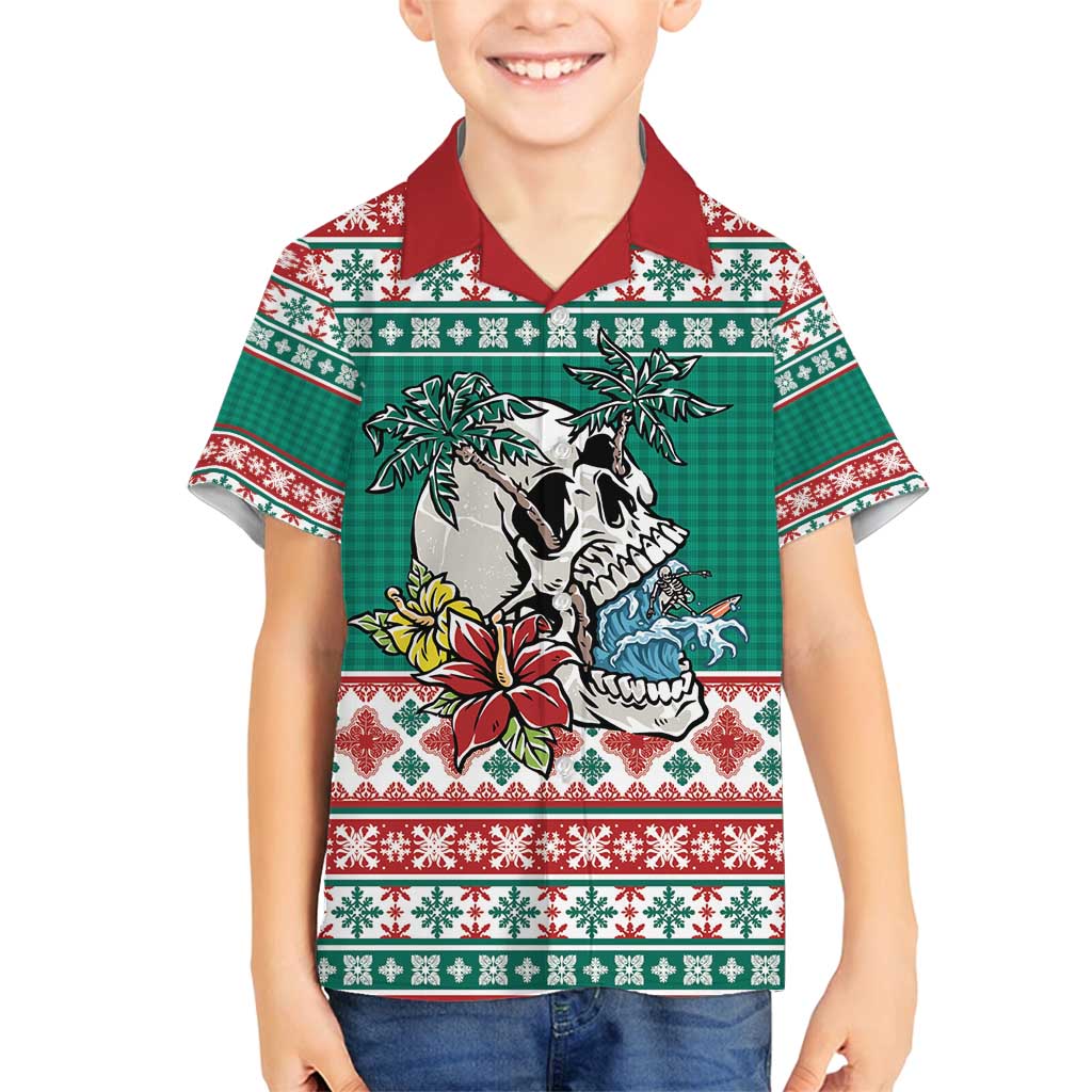 Hawaiian Skull Surfs Family Matching Off Shoulder Maxi Dress and Hawaiian Shirt Mele Kalikimaka Palaka Quilt Pattern - Polynesian Pride