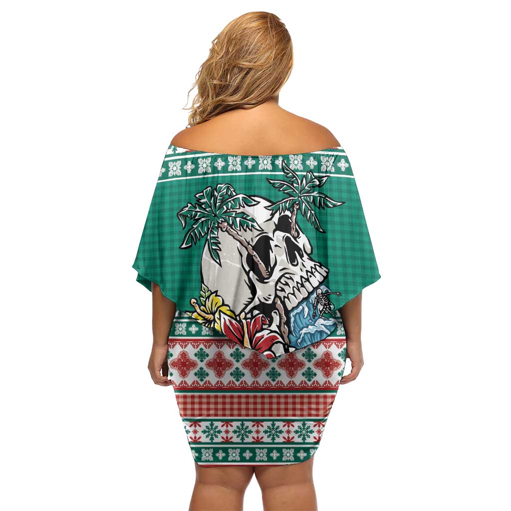 Hawaiian Skull Surfs Family Matching Off Shoulder Short Dress and Hawaiian Shirt Mele Kalikimaka Palaka Quilt Pattern - Polynesian Pride