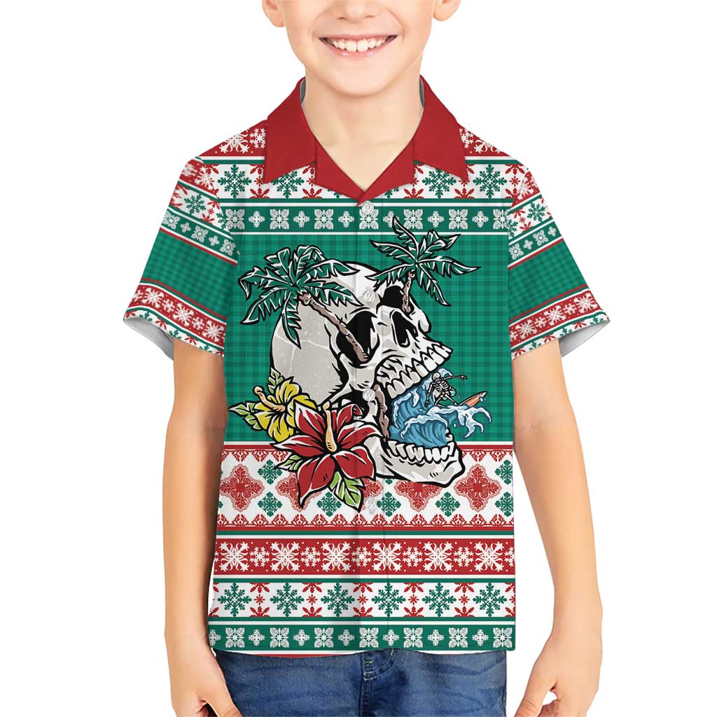 Hawaiian Skull Surfs Family Matching Short Sleeve Bodycon Dress and Hawaiian Shirt Mele Kalikimaka Palaka Quilt Pattern - Polynesian Pride