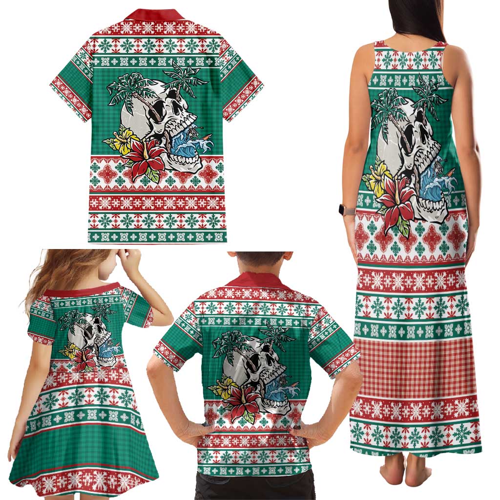 Hawaiian Skull Surfs Family Matching Tank Maxi Dress and Hawaiian Shirt Mele Kalikimaka Palaka Quilt Pattern - Polynesian Pride