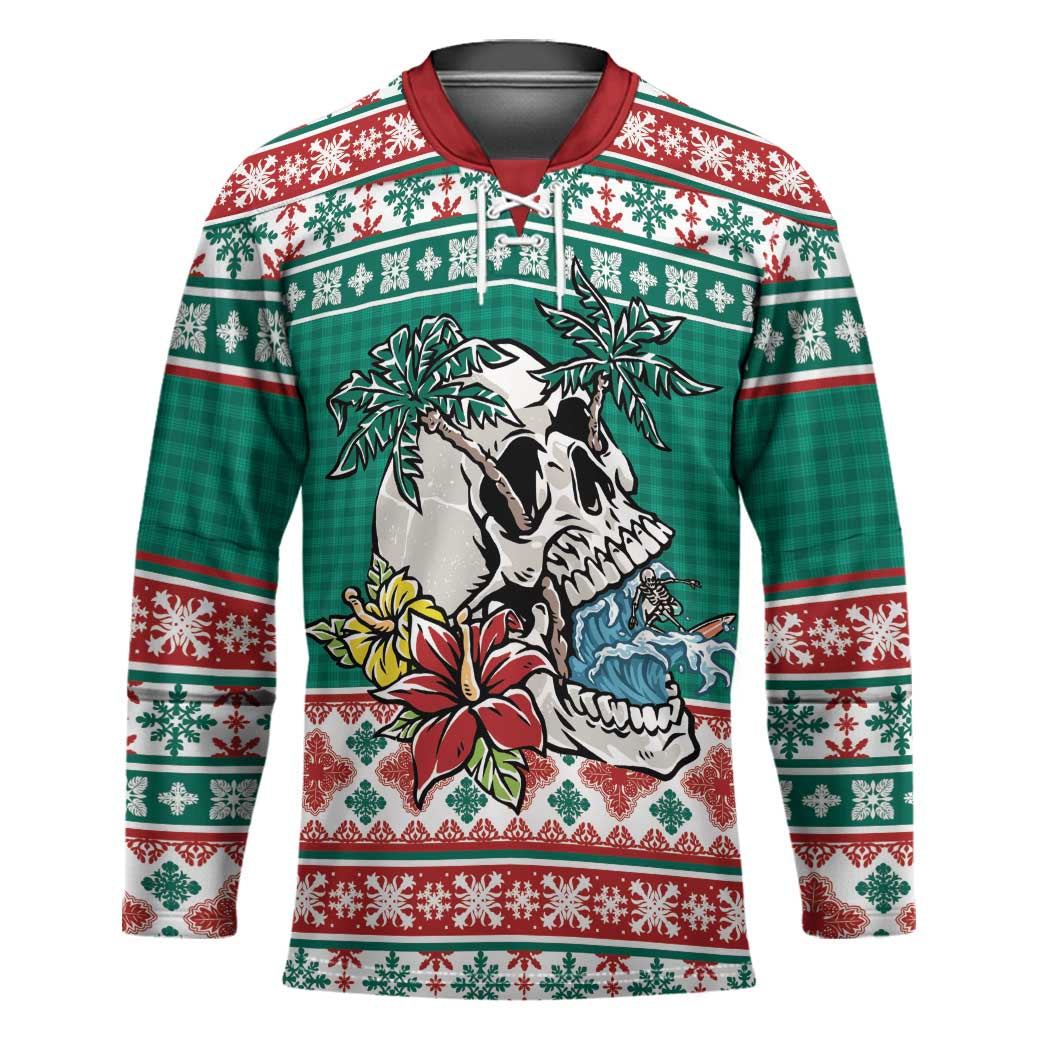 Hawaiian Skull Surfs Hockey Jersey Mele Kalikimaka Palaka Quilt Pattern LT9 Unisex Green - Polynesian Pride