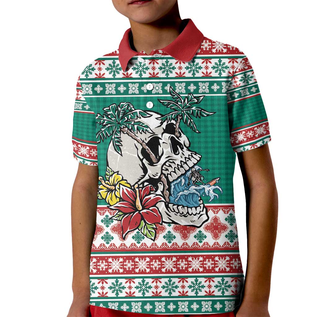 Hawaiian Skull Surfs Kid Polo Shirt Mele Kalikimaka Palaka Quilt Pattern - Polynesian Pride