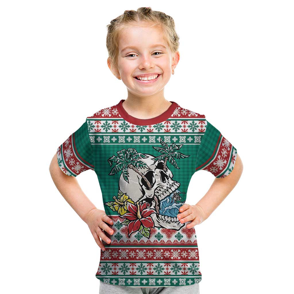 Hawaiian Skull Surfs Kid T Shirt Mele Kalikimaka Palaka Quilt Pattern LT9 Green - Polynesian Pride