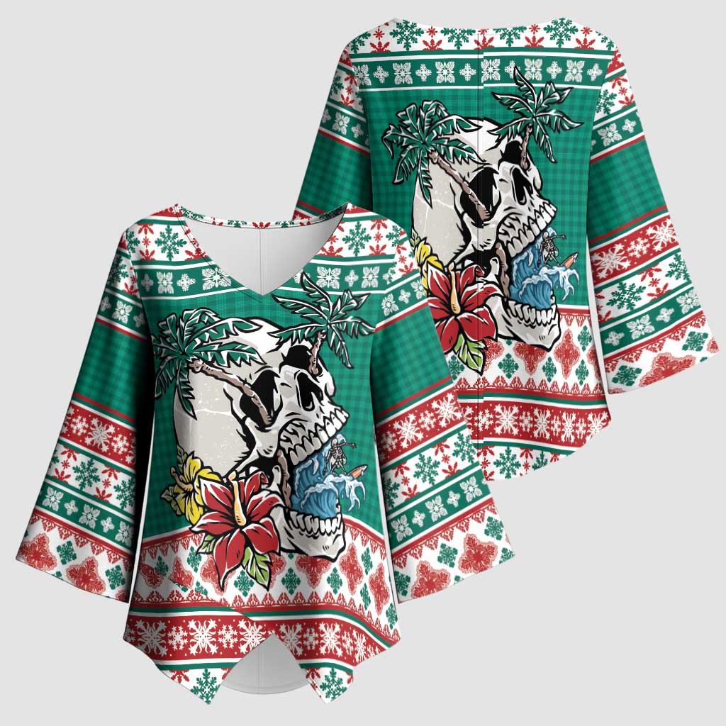Hawaiian Skull Surfs Kimono Sleeve Blouse Mele Kalikimaka Palaka Quilt Pattern - Polynesian Pride