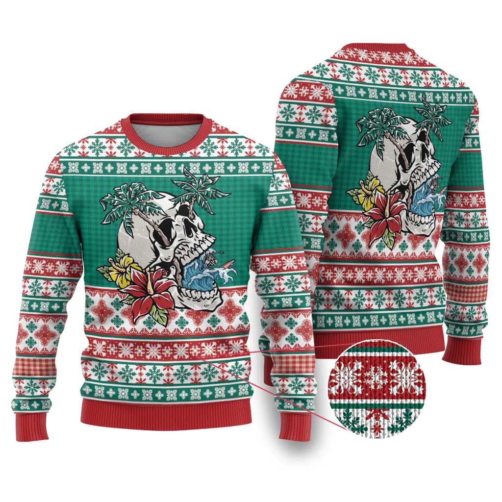 Hawaiian Skull Surfs Ugly Christmas Sweater Mele Kalikimaka Palaka Quilt Pattern - Polynesian Pride