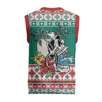 Hawaiian Skull Surfs Christmas Knitted V-Neck Vest Mele Kalikimaka Palaka Quilt Pattern - Polynesian Pride