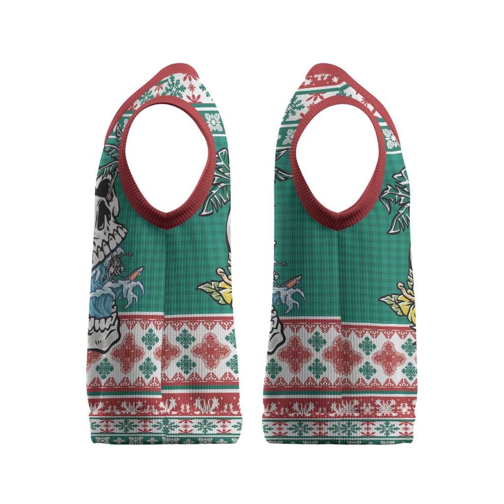Hawaiian Skull Surfs Christmas Knitted V-Neck Vest Mele Kalikimaka Palaka Quilt Pattern - Polynesian Pride
