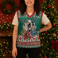 Hawaiian Skull Surfs Christmas Knitted V-Neck Vest Mele Kalikimaka Palaka Quilt Pattern - Polynesian Pride