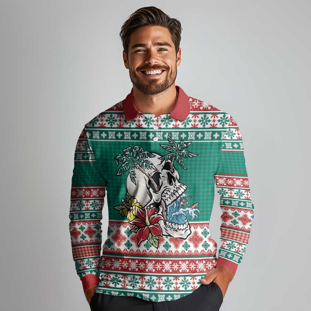 Hawaiian Skull Surfs Long Sleeve Polo Shirt Mele Kalikimaka Palaka Quilt Pattern - Polynesian Pride