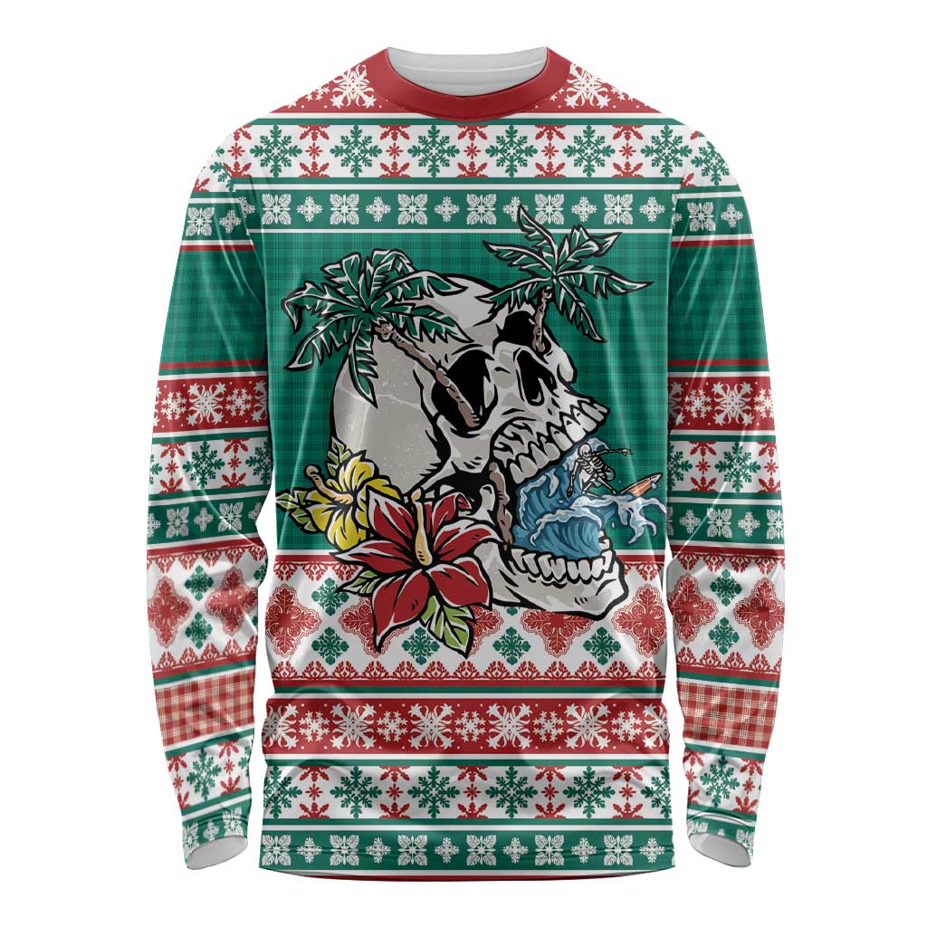 Hawaiian Skull Surfs Long Sleeve Shirt Mele Kalikimaka Palaka Quilt Pattern LT9 Unisex Green - Polynesian Pride