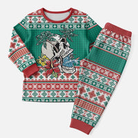 Hawaiian Skull Surfs Christmas Pajama Set Mele Kalikimaka Palaka Quilt Pattern - Polynesian Pride