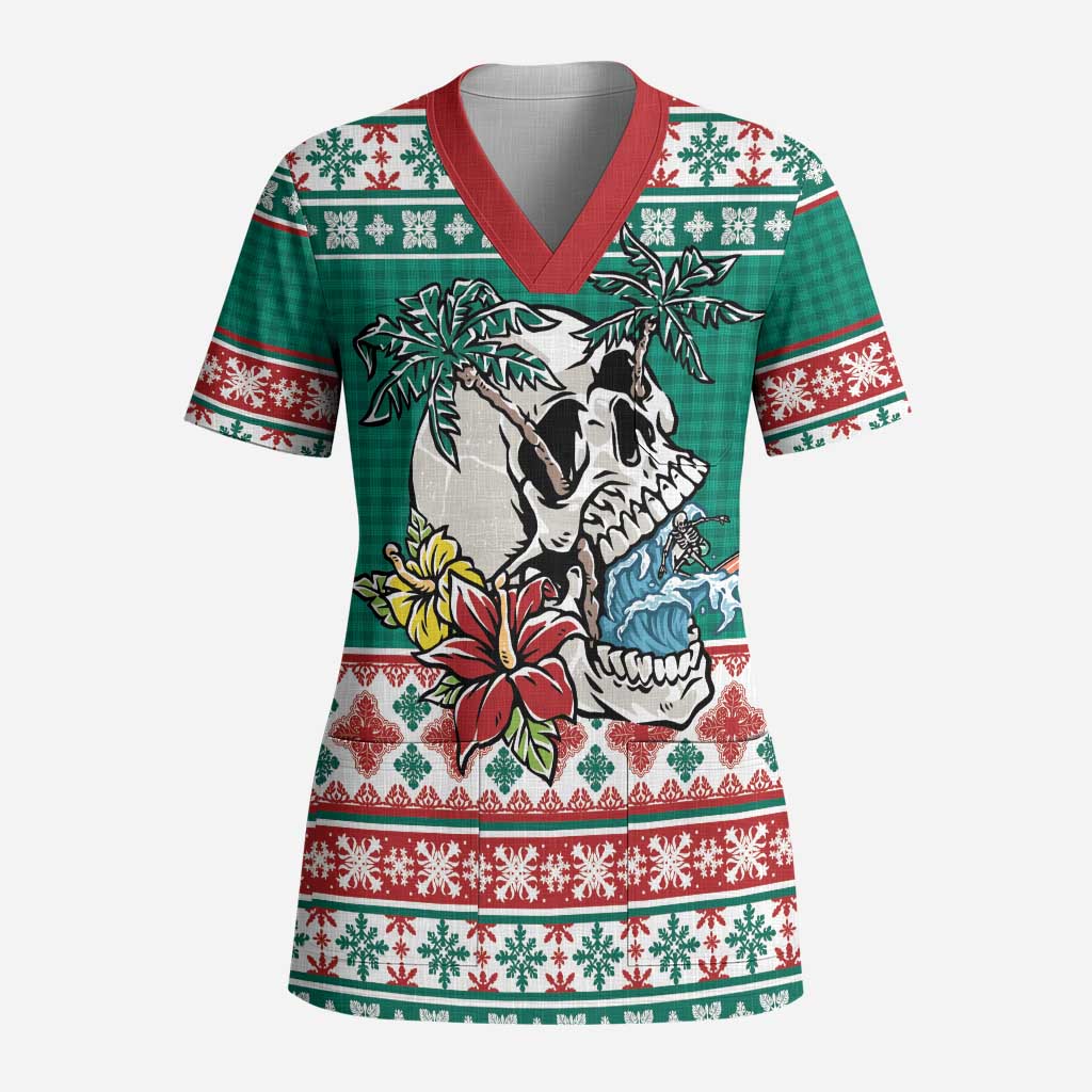 Hawaiian Skull Surfs Scrub Top Mele Kalikimaka Palaka Quilt Pattern LT9 Adult Green - Polynesian Pride
