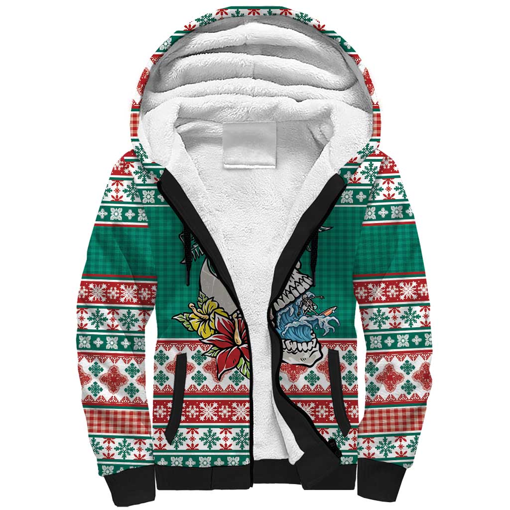 Hawaiian Skull Surfs Sherpa Hoodie Mele Kalikimaka Palaka Quilt Pattern LT9 Unisex Green - Polynesian Pride
