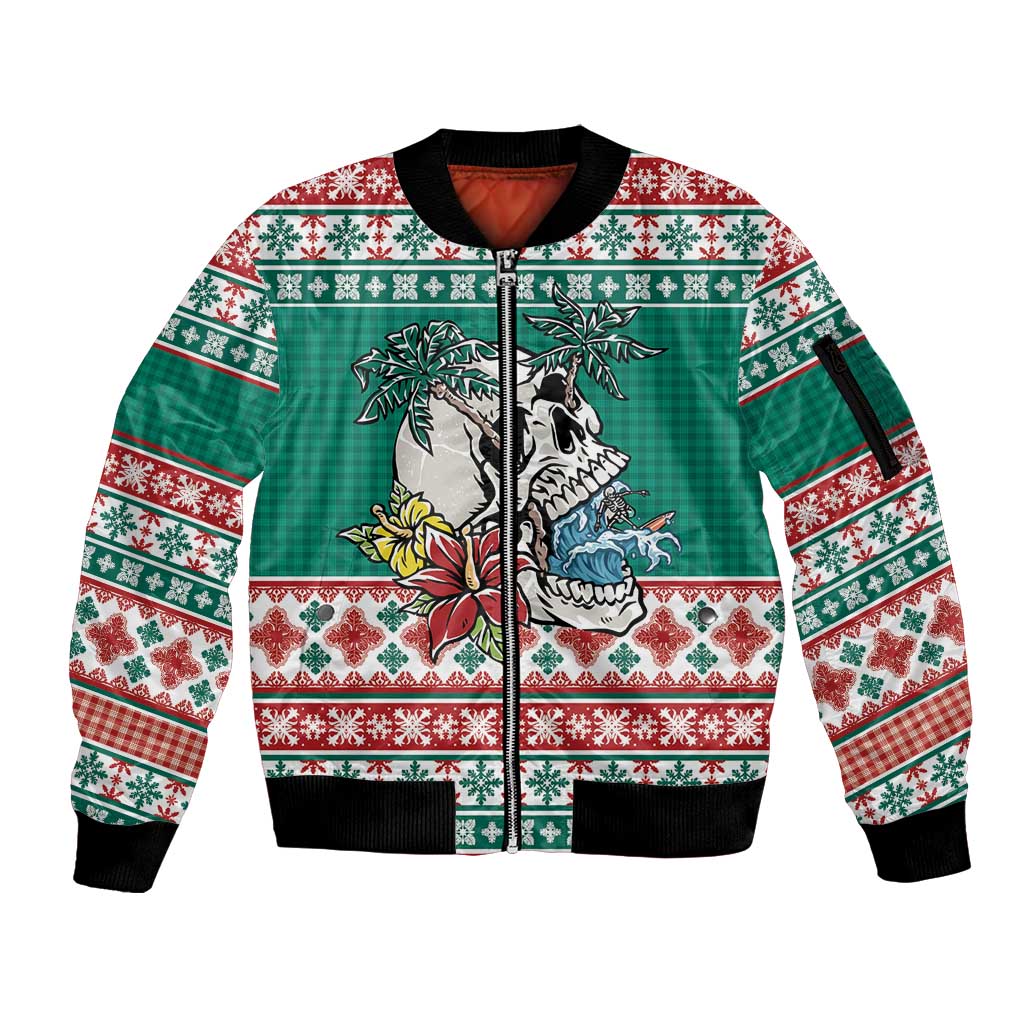 Hawaiian Skull Surfs Sleeve Zip Bomber Jacket Mele Kalikimaka Palaka Quilt Pattern - Polynesian Pride